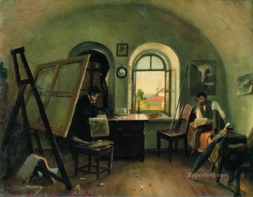 Iván Ivánovich Shishkin Painting - Ivan Ivanovich y guinet en el estudio de la isla de valaam